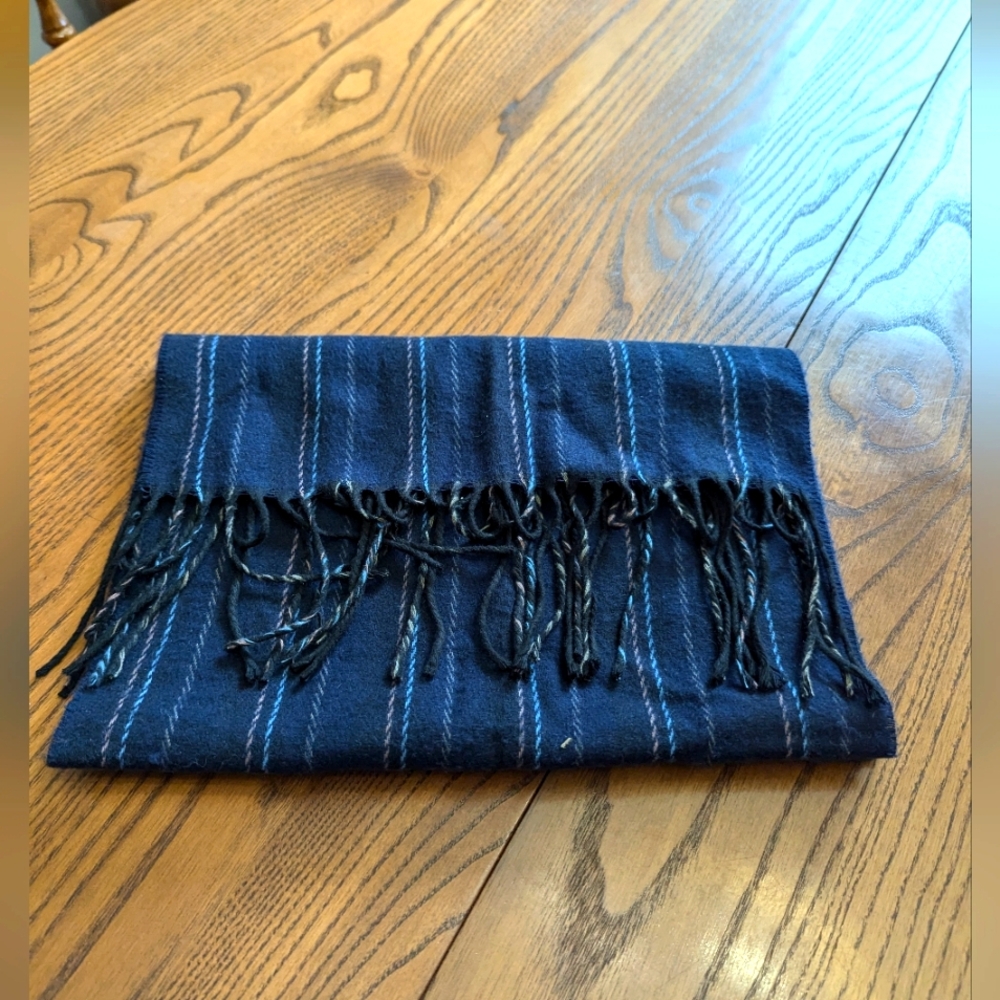Cashmink Mantles Scarf. Navy Blue , light blue and tan. Fringed. Like new.